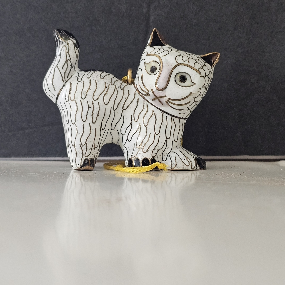 Whimsical Vintage Cloisonne Cat Ornament - White and Black - Picture 2 of 10